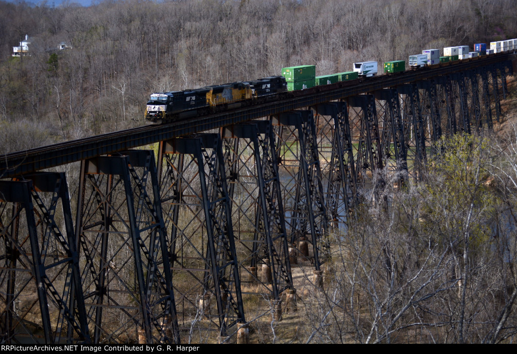 NS train 25A stretched out on the James River trestle. The trestle, part of Southern Railway's cutoff built around downtown Lynchburg, opened March 1, 1911.